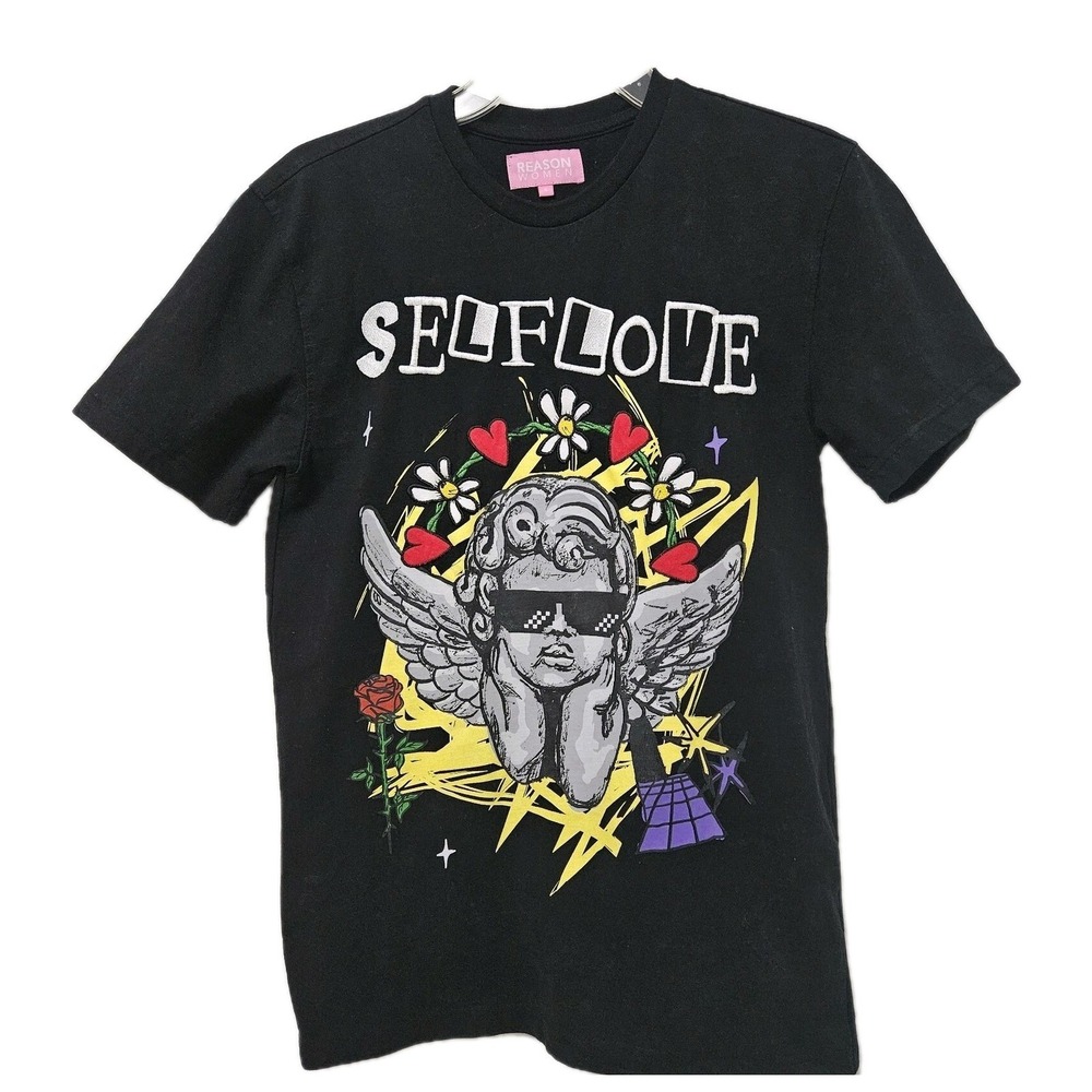 Reason Self Love T-Shirt Women Small Black Cherub‎ Embroidered Streetwear Tee